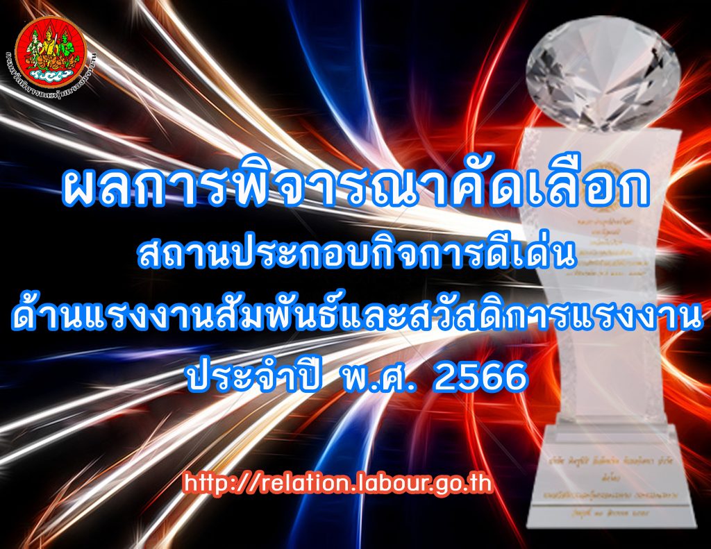 ผลการพิจารณาคัดเลือกสถานประกอบกิจการดีเด่น ด้านแรงงานสัมพันธ์และสวัสดิการแรงงาน ประจำปี พ.ศ. 2566